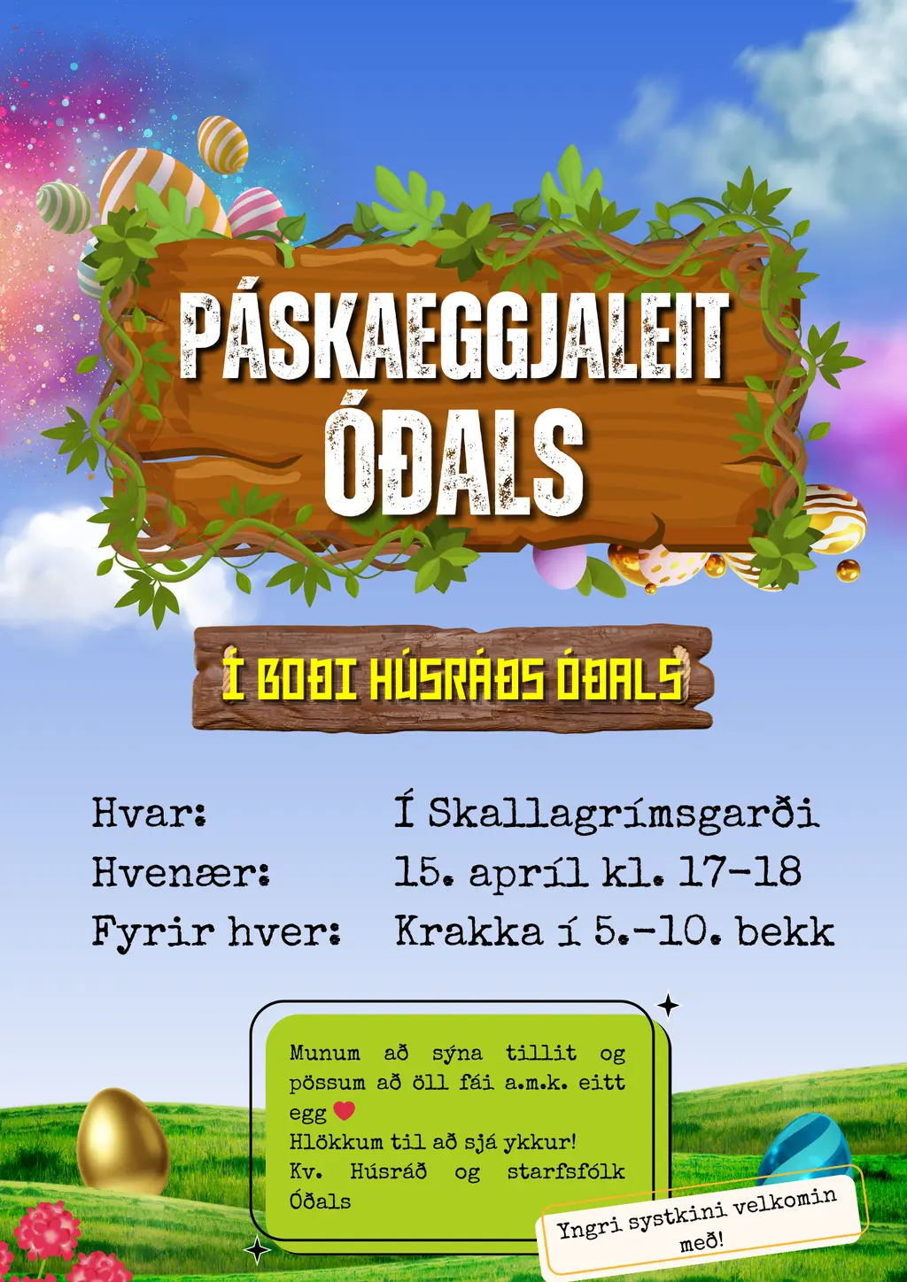 Páskaeggjaleit í Skallagrímsgarði fyrir krakka í 5-10 bekk