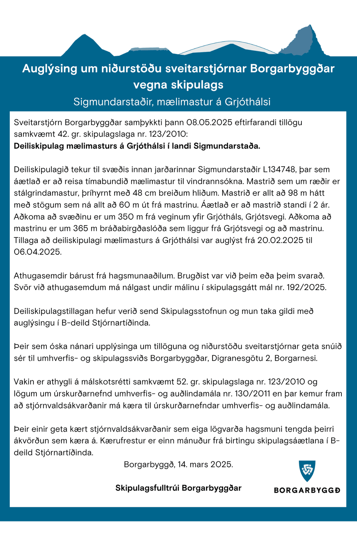 Auglýsing um niðurstöðu sveitarstjórnar Borgarbyggðar vegna skipulags
